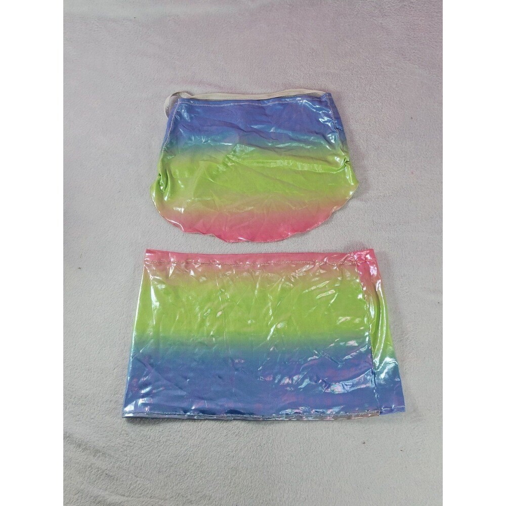 Holographic Rainbow Halter Skirt Set Oil Wet Look Vintage Pastel Club Size S